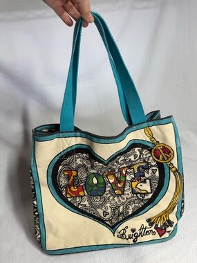 Brighton Teal-Accent Canvas Tote with Colorful 'LOVE' Heart Peace Tote Bag